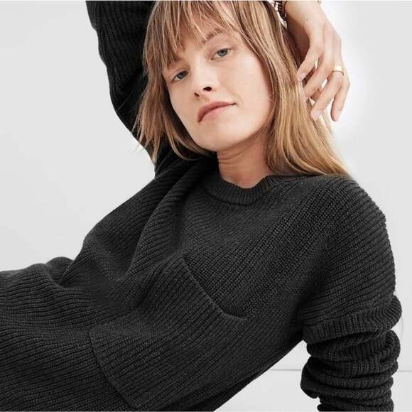 Madewell Thompson Pocket Pullover Knit Cozy Boxy Sweater Black Sz XXS NWT - Picture 1 of 9
